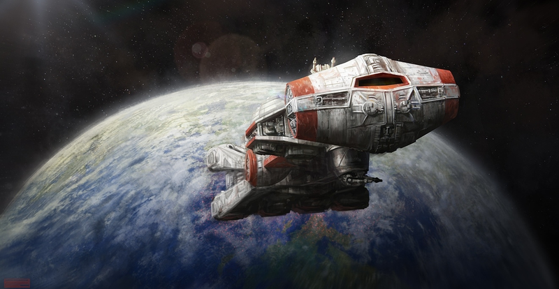 La corbeta corelliana Tantive IV, saliendo de Alderaan. Ilustración vía Wookiepedia